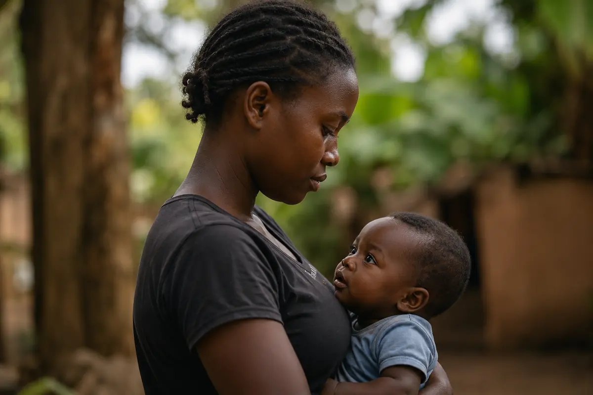 A mother holding her child at a rural health clinic