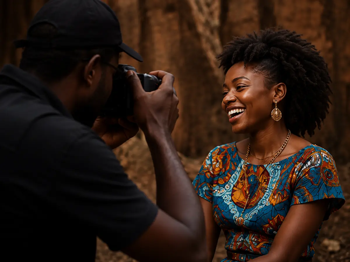 A photographer capturing a smiling woman in patterned dress