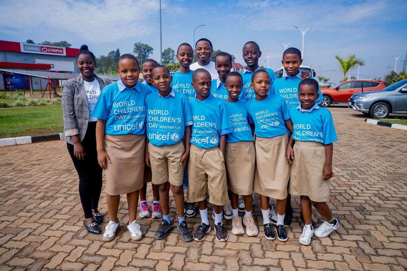 Pupils in school uniform gather for a Children’s Day event in Rwanda